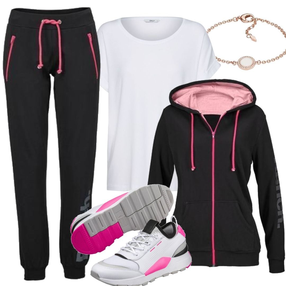 BENCH Kapuzenjacke pink / schwarz BENCH Relaxhose anthrazit Schwarz ONLY  Lässiges T-Shirt weiß Outfit für Damenoutfits zum Nachshoppen auf Stylaholic