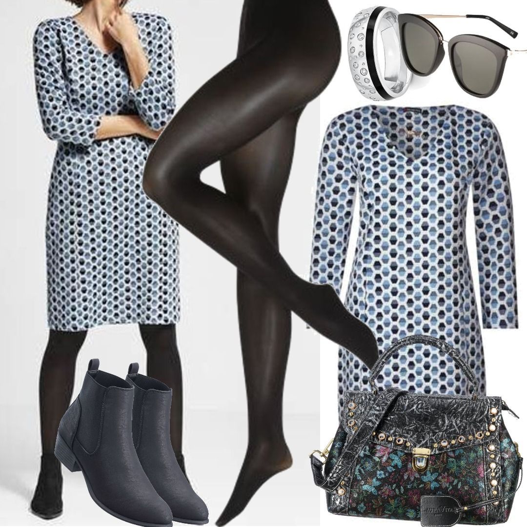 Street One Kleid 50 mit - Pure Nachshoppen FALKE Jacquard Feinstrumpfhose Damenoutfits deep für blue Outfit schwarz zum Print Stylaholic auf Matt Blau