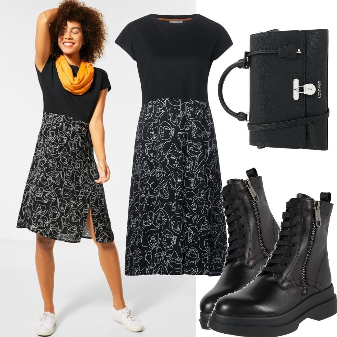 Street One Midi-Kleid mit Skribbles - Black Schwarz Outfit H1Y für  Damenoutfits zum Nachshoppen auf Stylaholic
